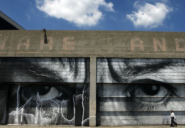 A mural by street artist JR was part of MOCA's "Art in the Streets" exhibition.