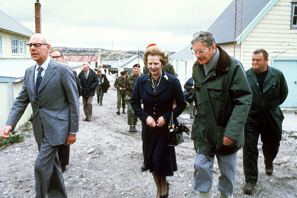 Margaret Thatcher tours the Falkland Islands in 1983.