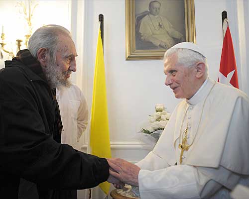 Pope Benedict XVI meets with Fidel Castro in Havana.