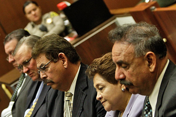 Current and former City Council members Luis Artiga, George Cole, George Mirabal, Teresa Jacobo and mayor Oscar Hernandez appear in court in February 2010.