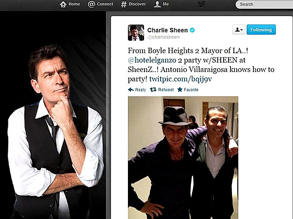 Charlie Sheen tweeted this picture of himself with his arm around L.A. Mayor Antonio Villaraigosa at the opening of Sheen's bar in Baja California, Mexico, last month. 