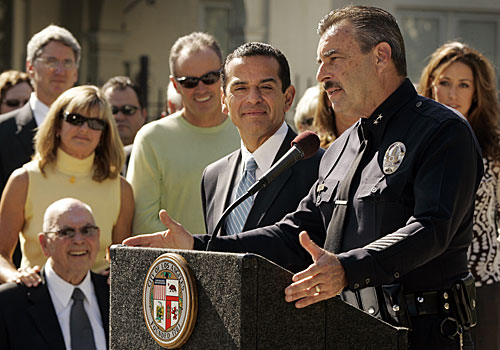 LAPD Deputy Chief Charlie Beck, with Los Angeles Mayor Antonio Villaraigosa at his side and his family nearby, talks about his selection by the mayor to head the LAPD. 