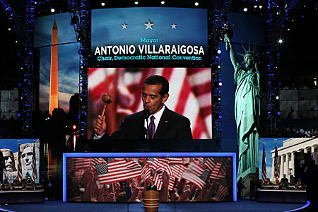 DNC Chair Los Angeles Mayor Antonio Villaraigosa bangs the gavel to bring the convention to order during its final day.