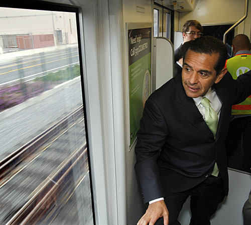 Mayor Antonio Villaraigosa leads a media tour and ride of the soon-to-open Expo Line from downtown Los Angeles to La Cienega /Jefferson.