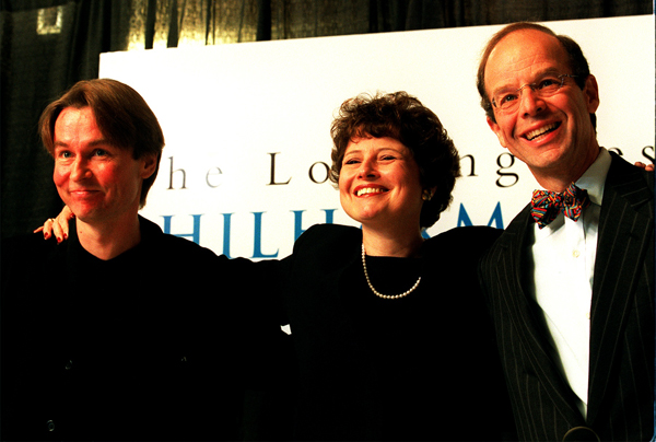 Deborah Borda at an introductory news conference, standing between Esa-Pekka Salonen, left, the Philharmonic's music director, and Barry Sanders, president of the Los Angeles Philharmonic Assn.
