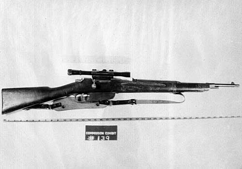 This bolt–action, clip–fed rifle, found on the sixth floor of the Texas School Book Depository building in Dallas, is identified as the weapon used to assassinate Kennedy. (September 1964)