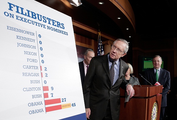 Senate Democrats, led by Majority Leader Harry Reid, celebrate their filibuster changes.