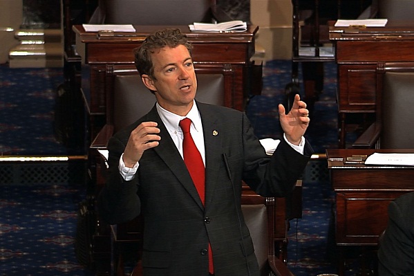 Sen. Rand Paul delivers his filibuster from the Senate floor.