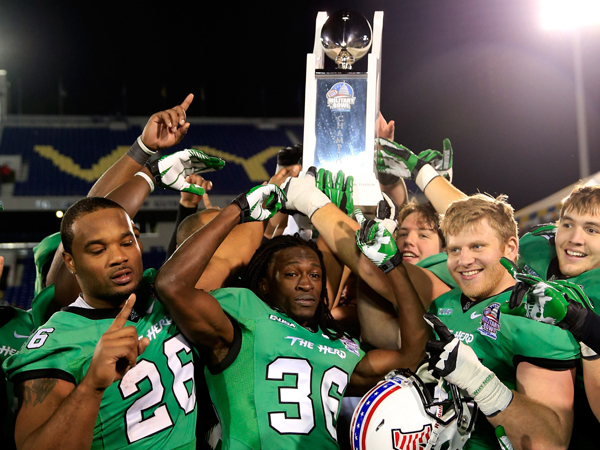 Marshall celebrates its 31-20 victory over Maryland in the Military Bowl at Navy Marine Corps Memorial Stadium in Annapolis, Md.