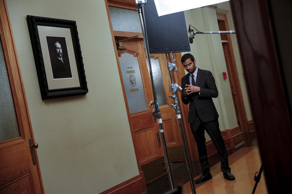 Aziz Ansari on the set of "Parks and Recreation" in 2013.