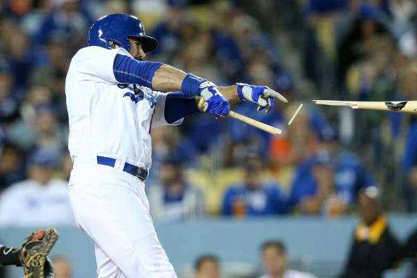 Dodgers right fielder Andre Ethier breaks his bat on a two-run single in the sixth inning of an 11-1 victory over the Miami Marlins.