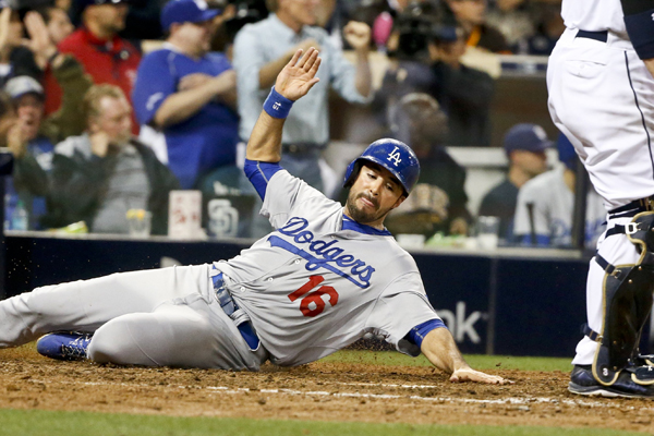 Dodgers outfielder Andre Ethier scores the go-ahead run in the eighth inning of a win over the San Diego Padres.
