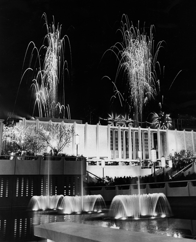 The sky above the new Los Angeles County Museum of Art is lighted by fireworks during dedication ceremonies.