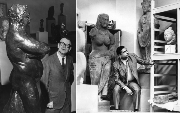 LACMA Director Kenneth Donahue, left, views a sculpture of Honore de Balzac in 1967. Curator Dr. Pratapaditya Pal, right, is photographed in 1970.