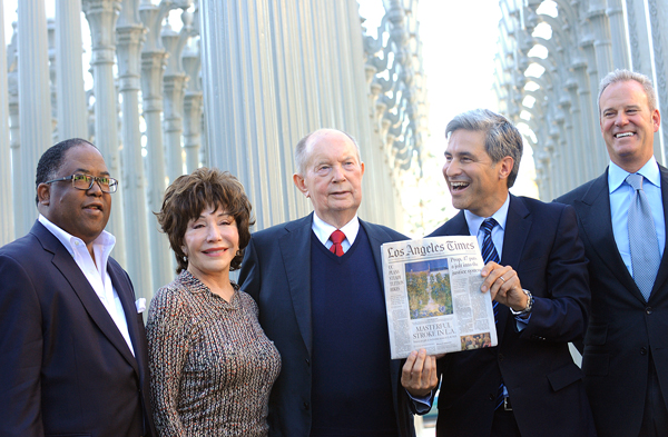 A. Jerrold Perenchio, center, is flanked by L.A. County Supervisor Mark Ridley-Thomas, left, LACMA trustee Lynda Resnick, LACMA Director Michael Govan and LACMA board co-chair Andrew Gordon after the official announcement Thursday of Perenchio's bequest to the Los Angeles County Museum of Art.