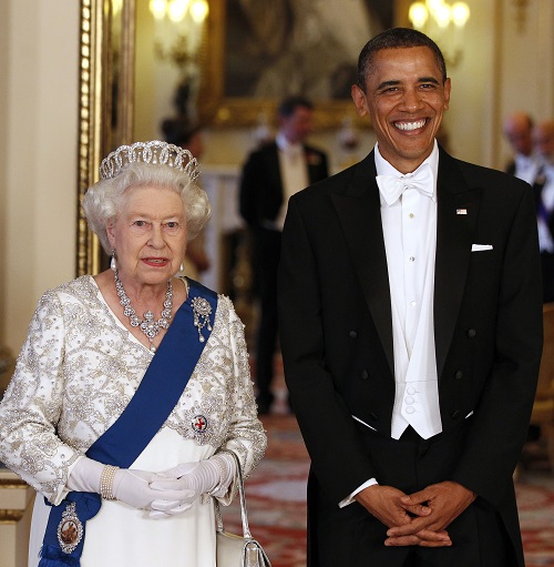Queen Elizabeth II poses with President Obama in the Music Room of Buckingham Palace ahead of a state banquet on May 24, 2011.