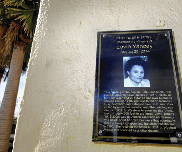 A plaque commemorating Fatburger founder Lovie Yancey at the location of the first Fatburger.