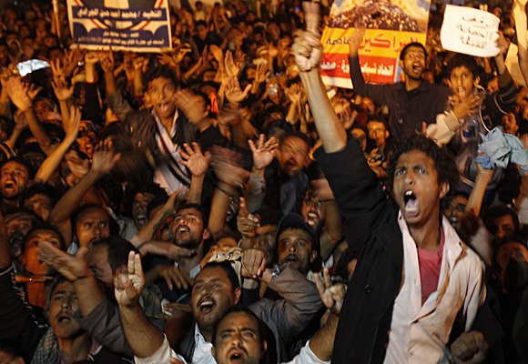 Protesters in Sana celebrate news that President Ali Abdullah Saleh will be transferring power to his vice president.
