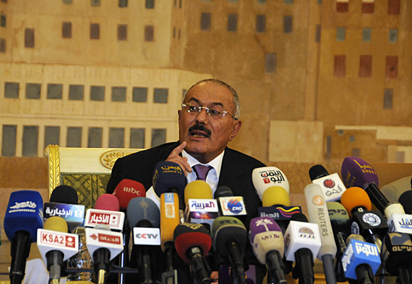Yemeni President Ali Abdullah Saleh speaks to reporters during a news conference at the presidential palace in Sana.