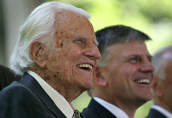 Graham and his son Franklin at a groundbreaking ceremony for the Billy Graham Library.