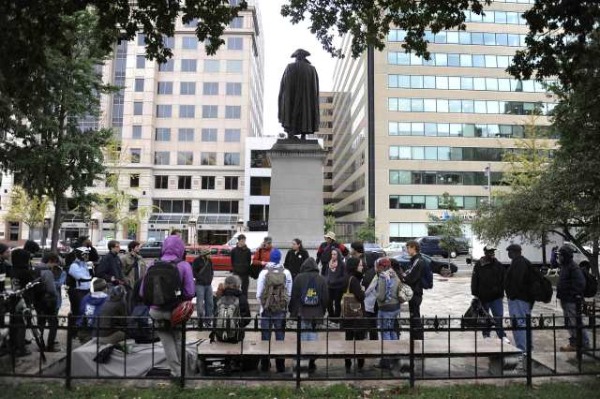 Protesters meet a few blocks from the White House in Washington at the beginning of the Occupy DC demonstration.