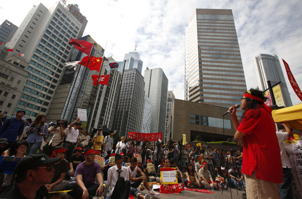Occupy Hong Kong protesters rally outside Hong Kong Exchange Square.