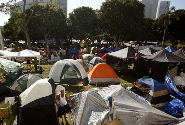 The Occupy L.A. encampment fills the City Hall lawn in downtown Los Angeles.
