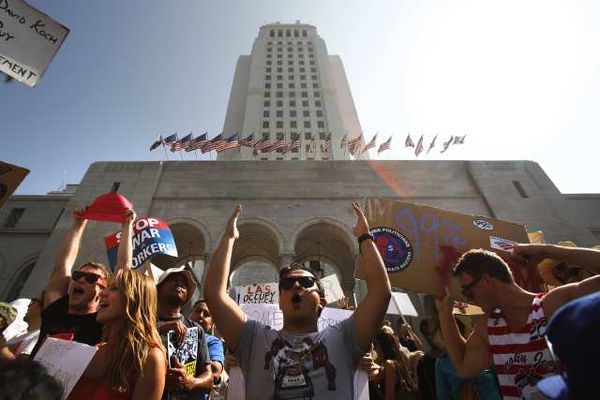 Demonstrators outside L.A. City Hall.
