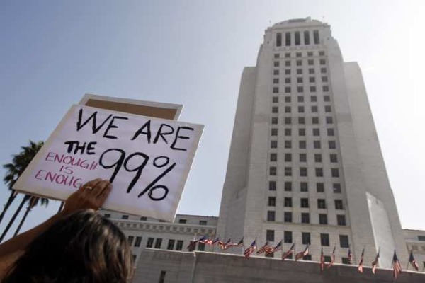 A few thousand people take part in a march that started at Pershing Square and ended at Los Angeles City Hall. (Oct. 15, 2011)