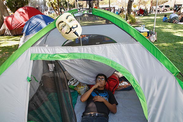 Tony Rodriguez, 25, of East Los Angeles set up camp outside Los Angeles City Hall.