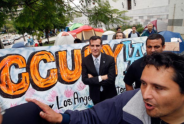 Los Angeles City Council President Eric Garcetti visits the Occupy L.A. campsite. (Oct. 4, 2011)