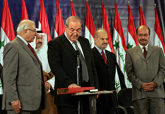 Pictured left to right: Chief Justice Mahdi Mahmood, President Ghazi Ajil Yawer, Prime Minister Iyad Allawi, Vice President Ibrahim Jafari and Deputy Prime Minister Barham Salih