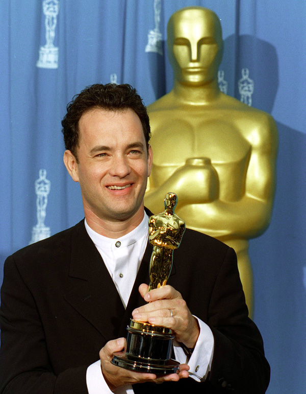 Tom Hanks displays his Oscar for his role in "Forrest Gump." 