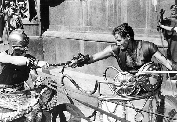 Stephen Boyd, left, and Charlton Heston in a legendary chariot race from "Ben-Hur."
