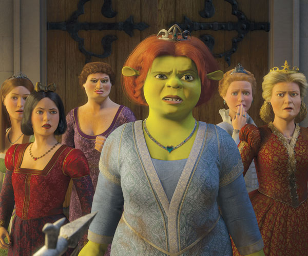 Princess Fiona (Cameron Diaz, center) along with (left to right) narcoleptic Sleeping Beauty (Cheri Oteri), prissy-but-sarcastic Snow White (Amy Poehler), Doris, the Ugly Stepsister (Larry King), obsessive-compulsive Cinderella (Amy Sedaris) and Queen Lillian (Julie Andrews).