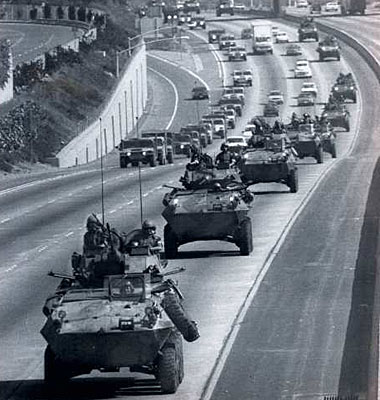 A Marine convoy from Camp Pendelton moves up the I-5. (May 1, 1992)