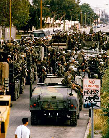 Marines at a staging area at Alameda and Elm streets in Compton. (May 3, 1992)