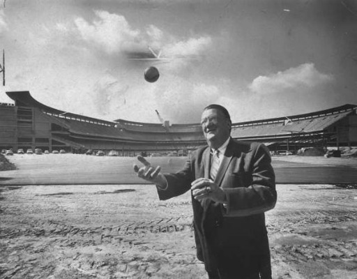 Walter O'Malley stands outside a nearly completed Dodger Stadium in 1962. 