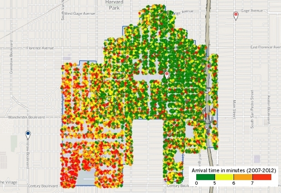 This draft map of LAFD District 57 found slow 911 response times near the city border.