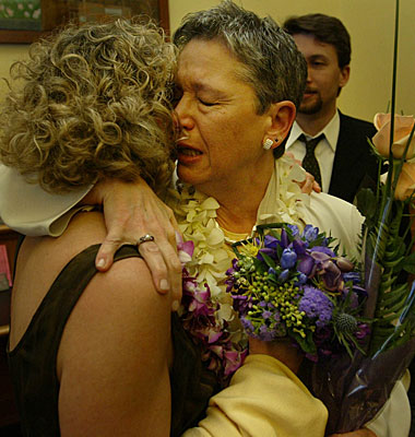 Pali Cooper, left, hugs partner Jeanne Rizzo after learning that they could not be married.