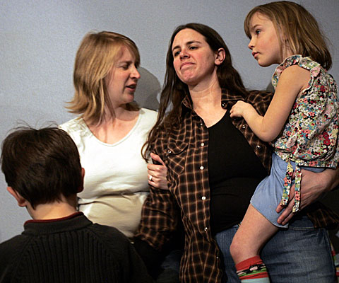 Amy Zimmerman, left, and Tanya Wexler of New York with their children Jerry and Ella.