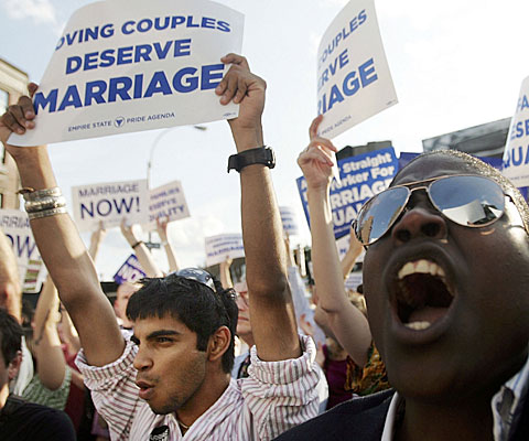 Gay-rights activists assemble in New York City the day that the state's highest court rules against gay marriage.