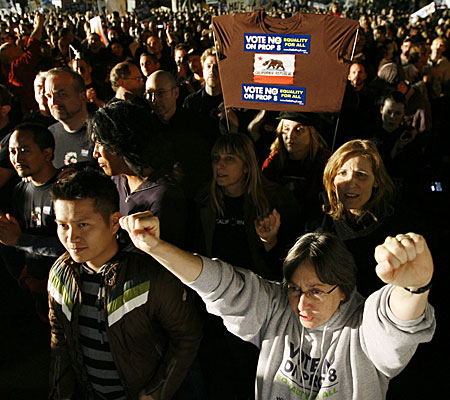 Thousands gather in West Hollywood on Wednesday night to voice anger over passage of Proposition 8.
