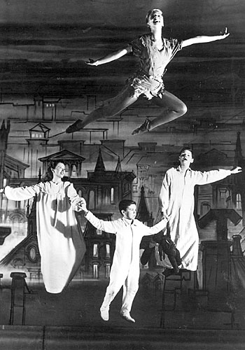 Mary Martin, top, soars as Peter Pan in the initial live television production of "Peter Pan."