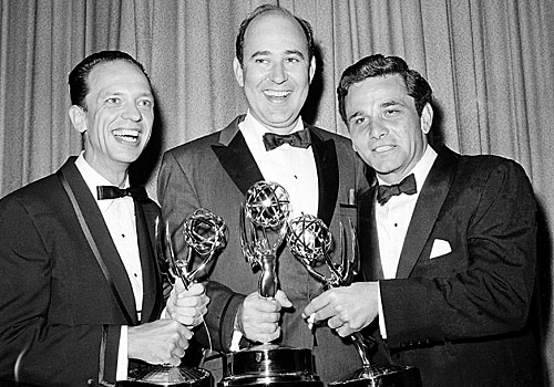 Writer Carl Reiner, center, poses with actors Don Knotts, left, and Peter Falk.