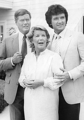 Barbara Bel Geddes and her TV sons Larry Hagman, left, and Patrick Duffy on the set of "Dallas" in 1981.