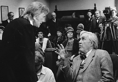 Kirk Douglas, left, and Jason Robards on the set of "Inherit the Wind."