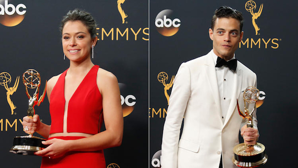 Tatiana Maslany and Rami Malek with their Emmy Awards.