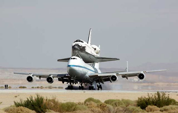 The space shuttle Endeavour arrives at Edwards Air Force Base on Thursday. 