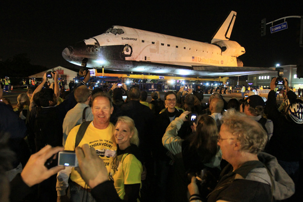 Endeavour, on its way to the California Science Center, stops at a parking lot in L.A.'s Westchester neighborhood.